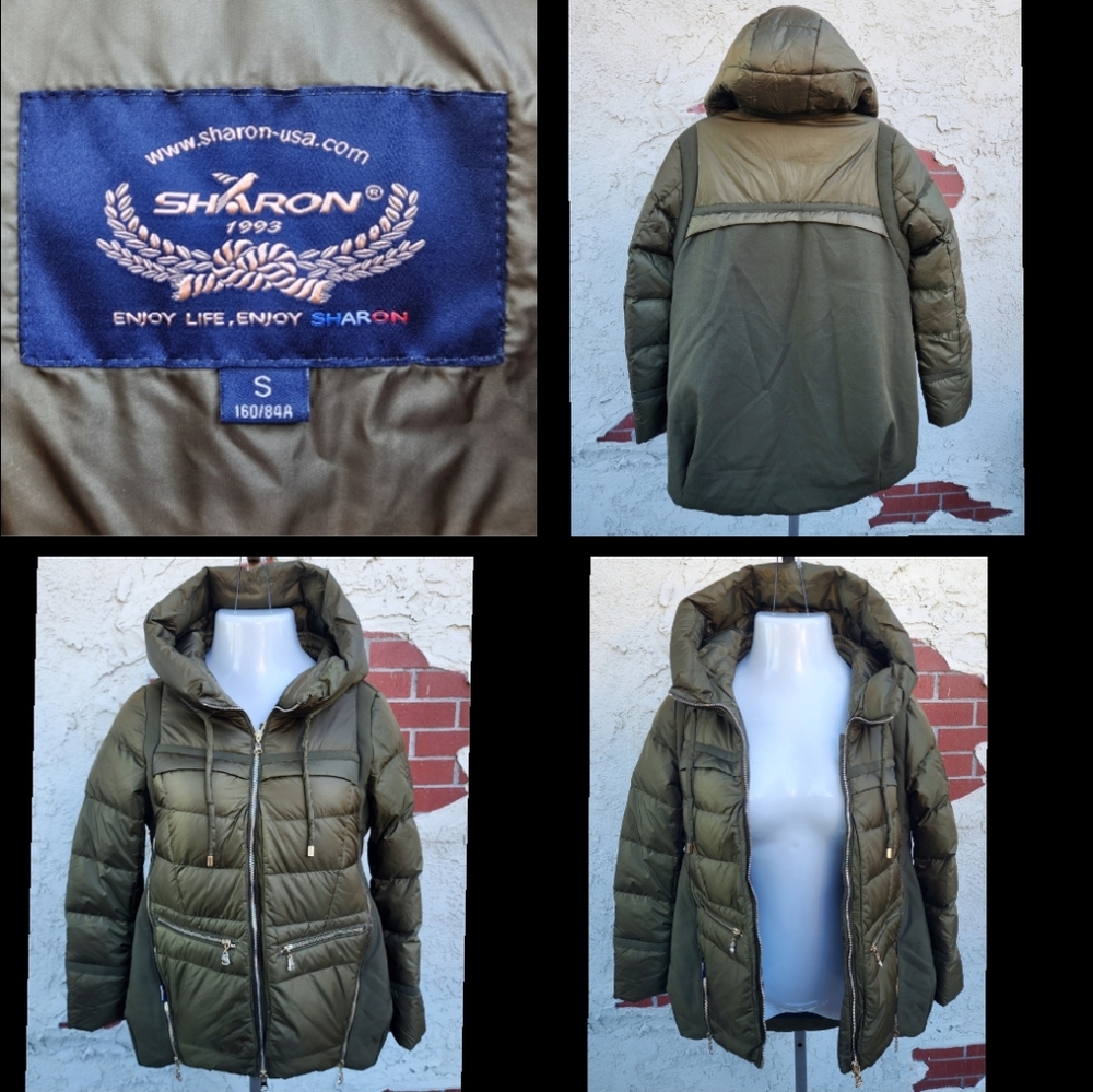 NWOT small jacket army olive green DUCK DOWN puffer jacket gold zipper hooded